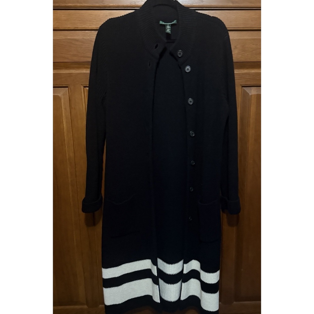 Ralph Lauren Black Knit Long Cardigan White Striped Womens XL Cotton Duster Rib